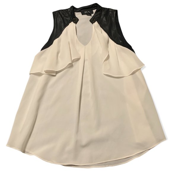 BCX | Sleeveless White Ruffle Blouse w/ Black Pleather Detailing | M - Picture 1 of 8